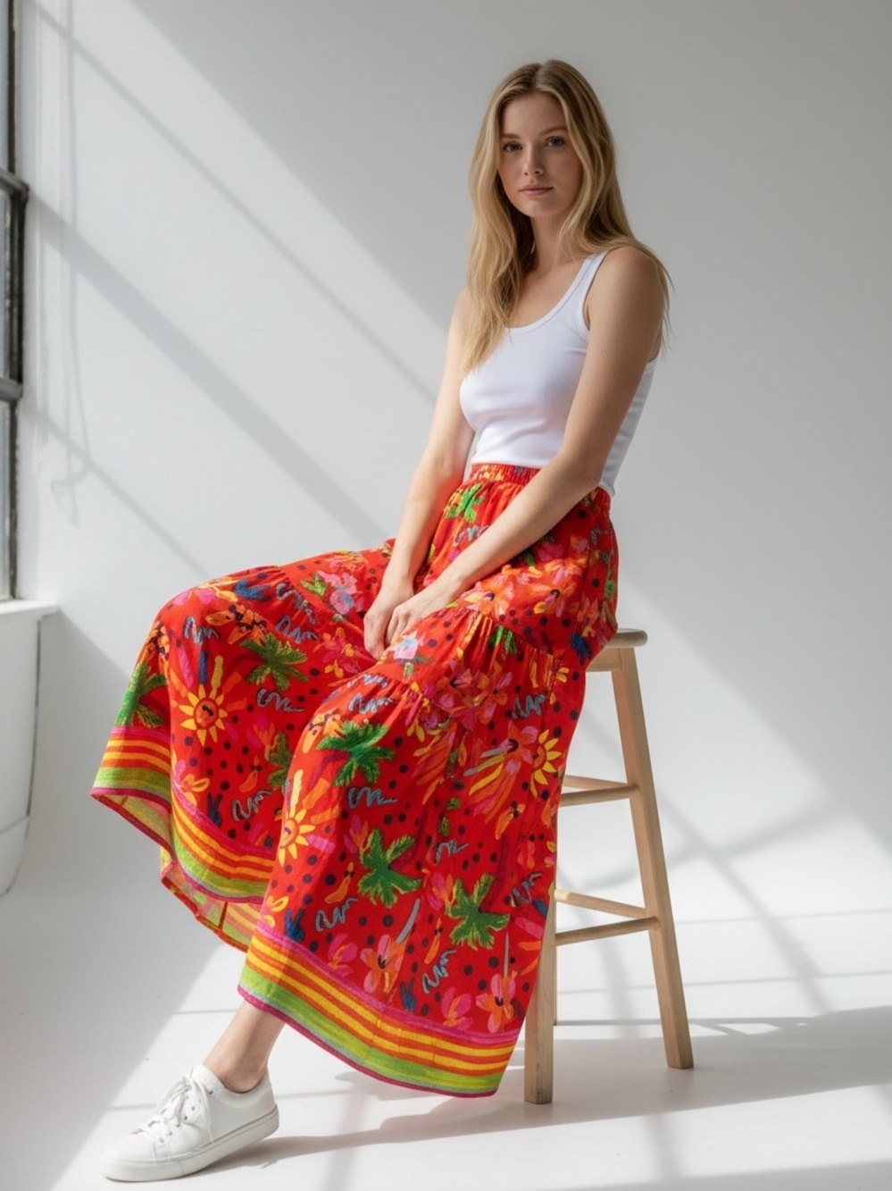 Maison D’amelie Paris Tropical Colorful Linen Blend Tiered Skirt Size S